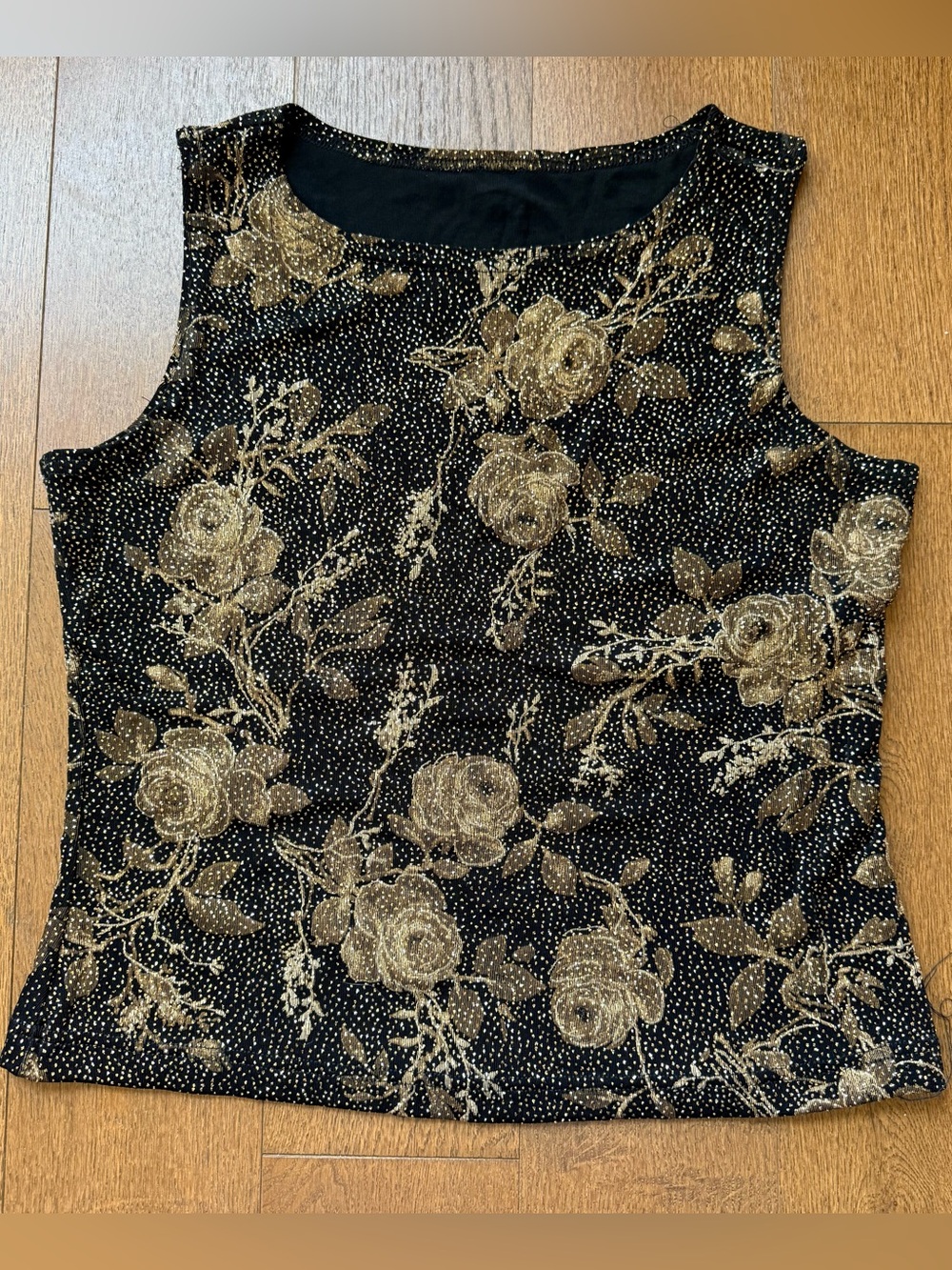 Sleeveless Black & Gold Floral Evening Top